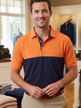 Izod Men's Golf Medium Polo Shirt Two Orange Navy Color Block Polyester